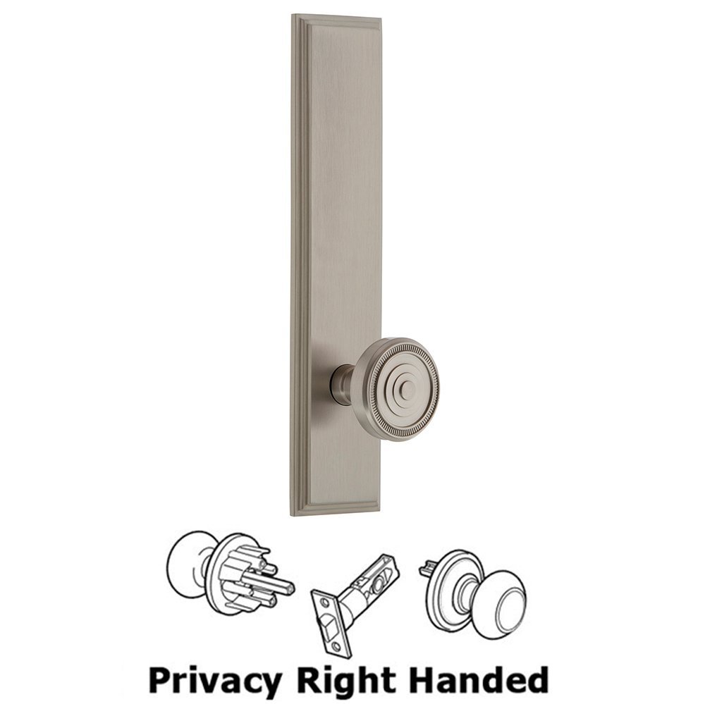 Privacy Carre Tall Plate with Soleil Right Handed Knob in Satin Nickel