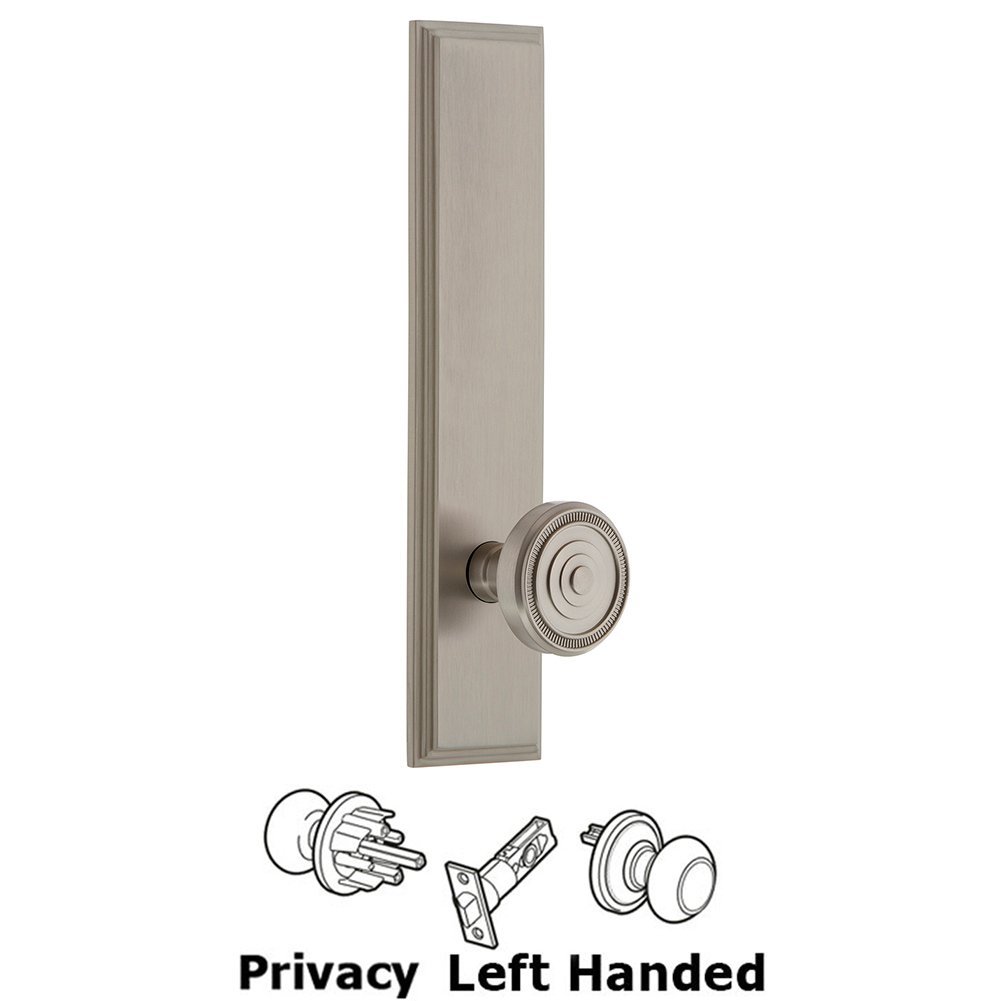 Privacy Carre Tall Plate with Soleil Left Handed Knob in Satin Nickel