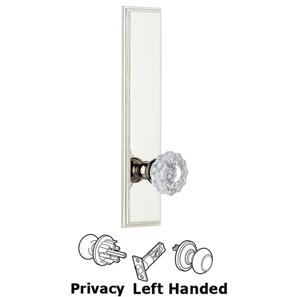 Privacy Carre Tall Plate with Versailles Left Handed Knob in Polished Nickel