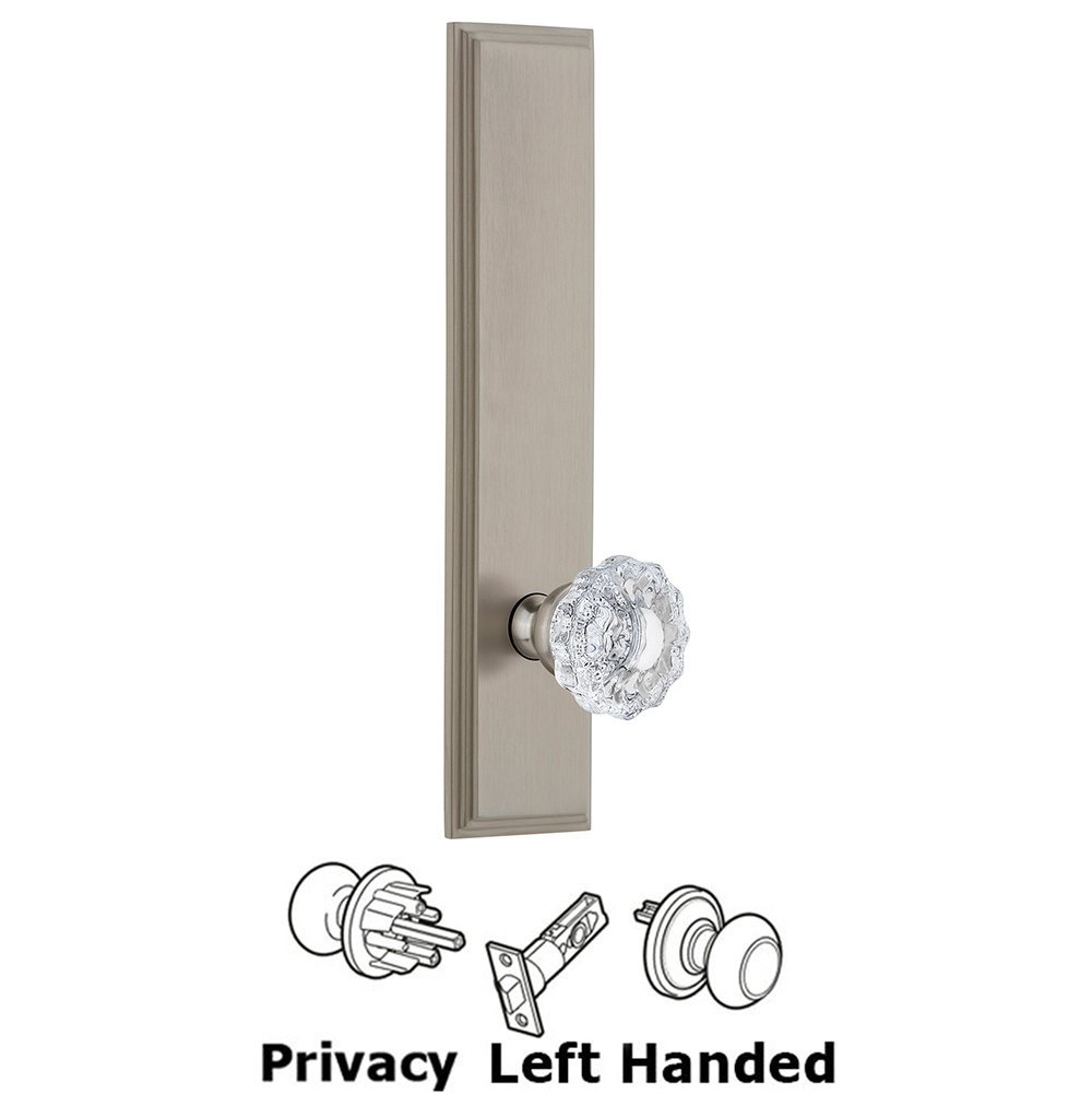 Privacy Carre Tall Plate with Versailles Left Handed Knob in Satin Nickel