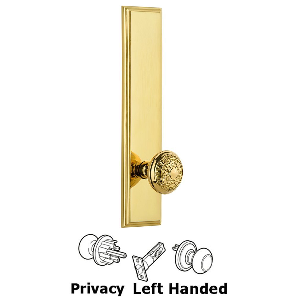 Privacy Carre Tall Plate with Windsor Left Handed Knob in Polished Brass
