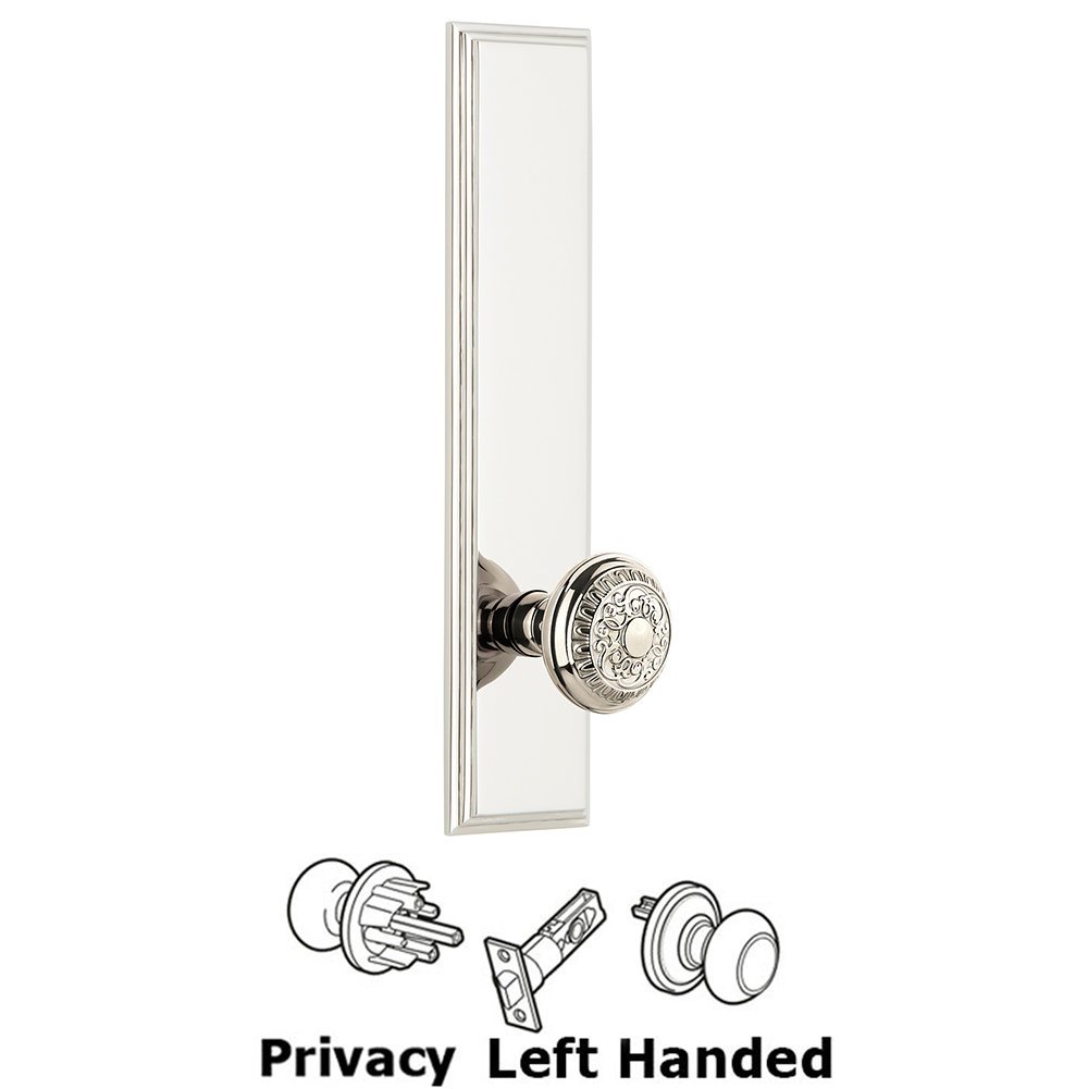 Privacy Carre Tall Plate with Windsor Left Handed Knob in Polished Nickel