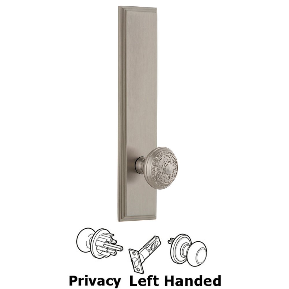 Privacy Carre Tall Plate with Windsor Left Handed Knob in Satin Nickel