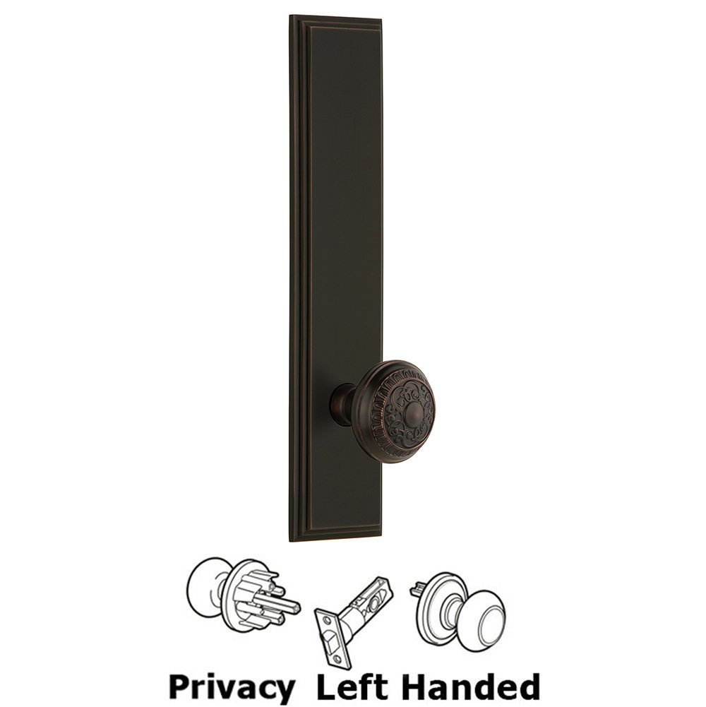 Privacy Carre Tall Plate with Windsor Left Handed Knob in Timeless Bronze