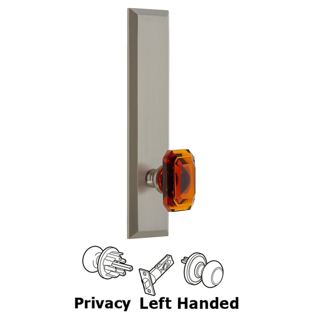 Privacy Fifth Avenue Tall Plate with Baguette Amber Left Handed Knob in Satin Nickel