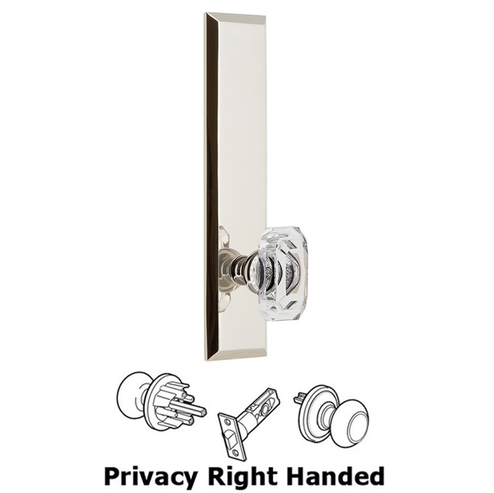 Privacy Fifth Avenue Tall Plate with Baguette Clear Crystal Right Handed Knob in Polished Nickel