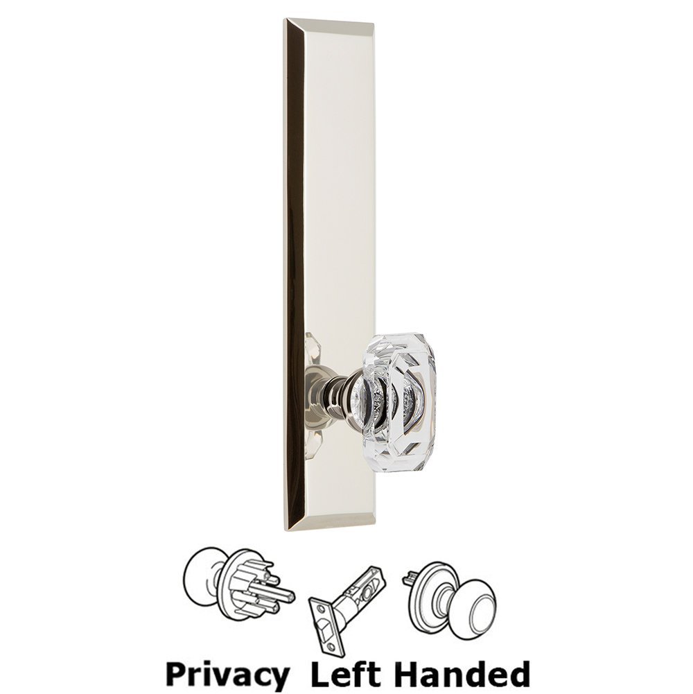 Privacy Fifth Avenue Tall Plate with Baguette Clear Crystal Left Handed Knob in Polished Nickel