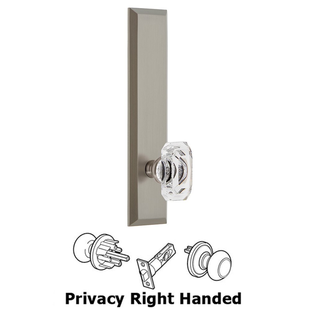 Privacy Fifth Avenue Tall Plate with Baguette Clear Crystal Right Handed Knob in Satin Nickel