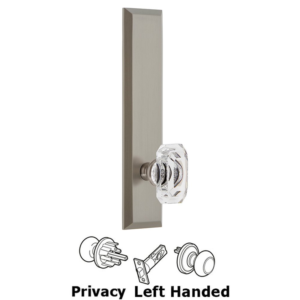 Privacy Fifth Avenue Tall Plate with Baguette Clear Crystal Left Handed Knob in Satin Nickel