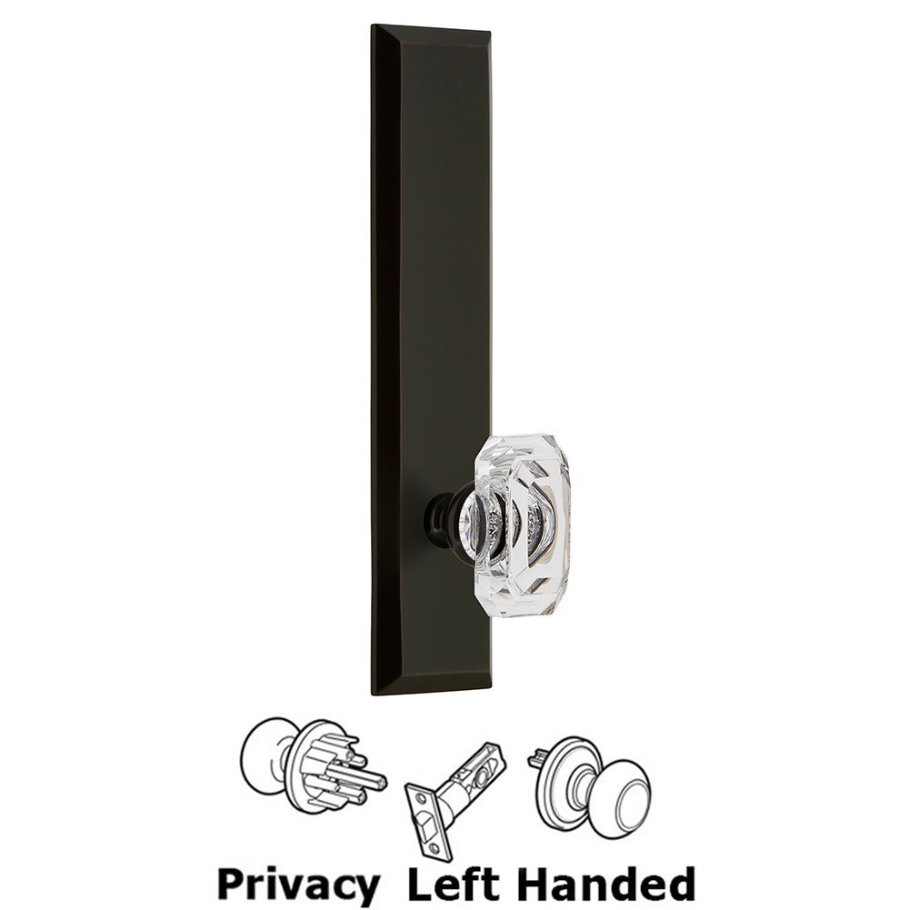 Privacy Fifth Avenue Tall Plate with Baguette Clear Crystal Left Handed Knob in Timeless Bronze