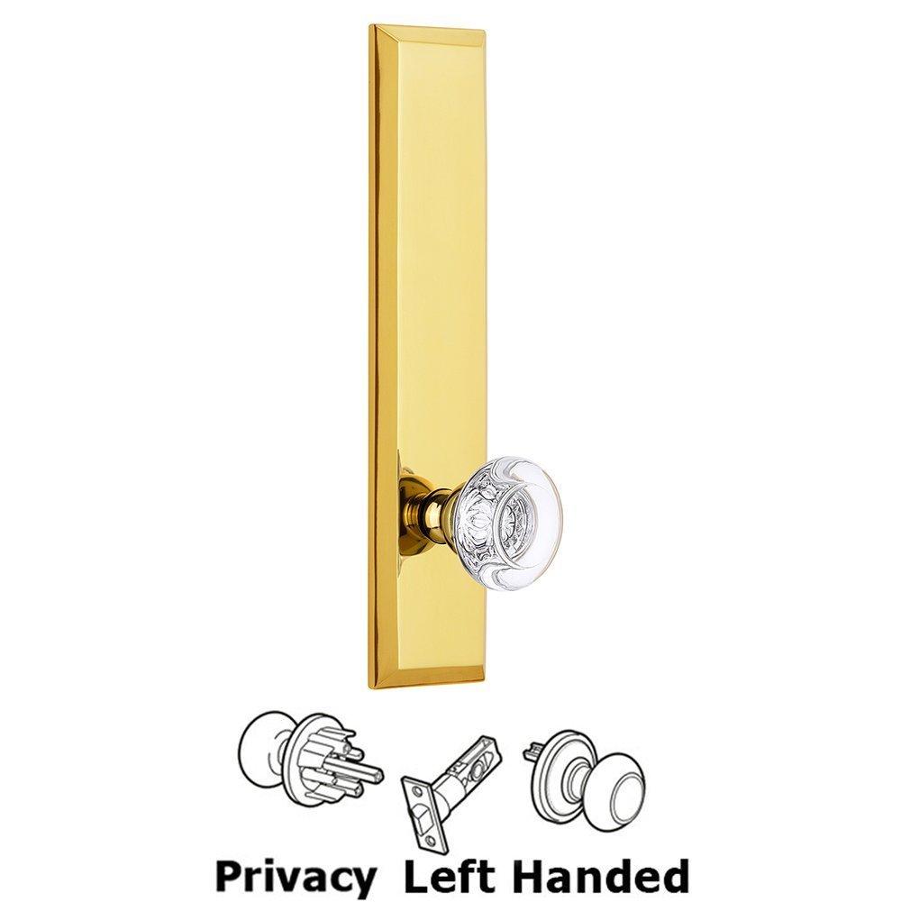 Privacy Fifth Avenue Tall Plate with Bordeaux Left Handed Knob in Polished Brass