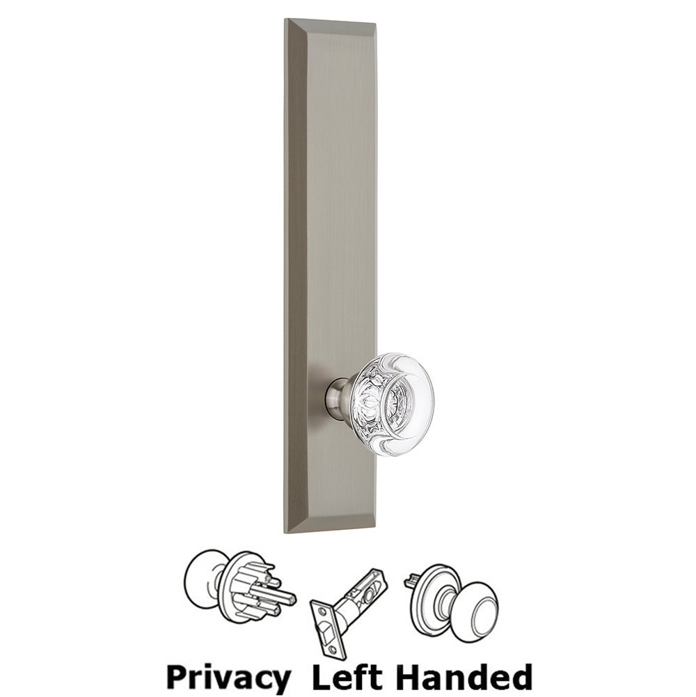 Privacy Fifth Avenue Tall Plate with Bordeaux Left Handed Knob in Satin Nickel