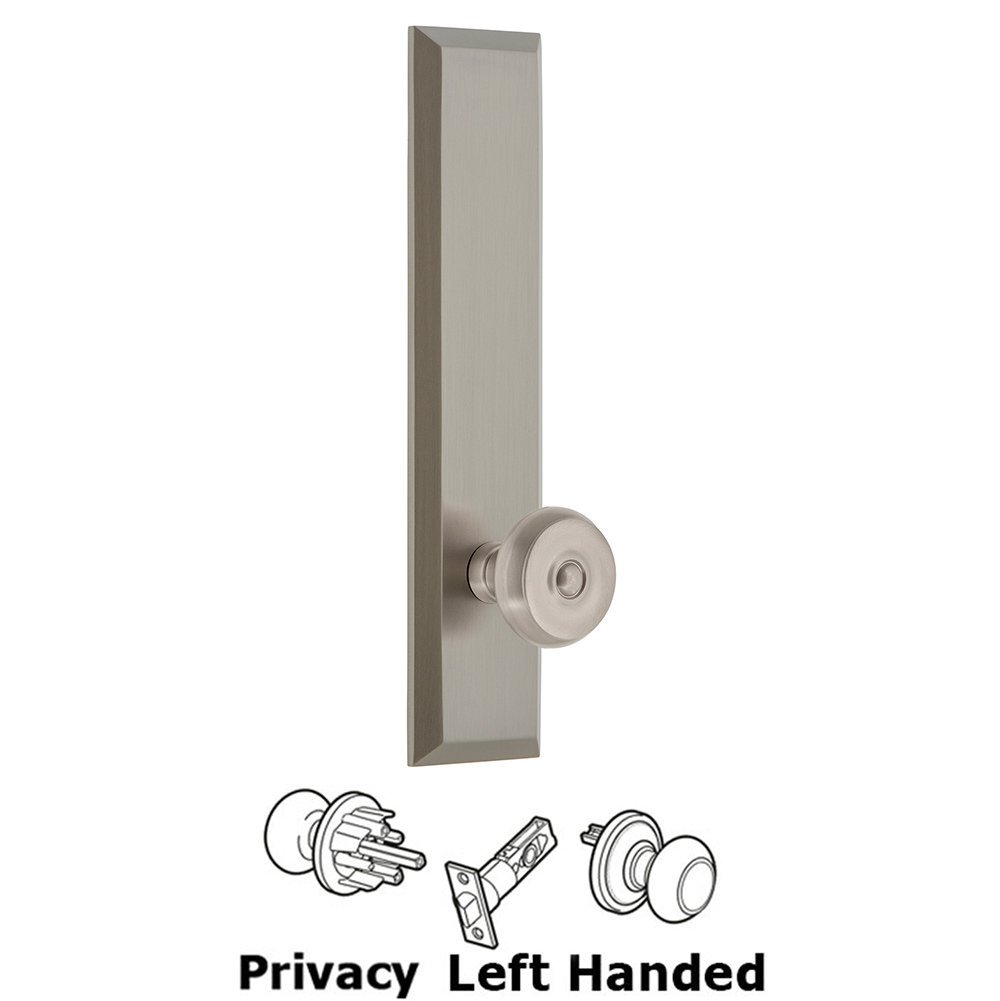 Privacy Fifth Avenue Tall Plate with Bouton Left Handed Knob in Satin Nickel