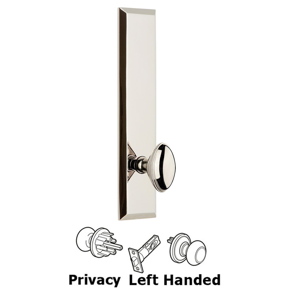 Privacy Fifth Avenue Tall Plate with Eden Prairie Left Handed Knob in Polished Nickel