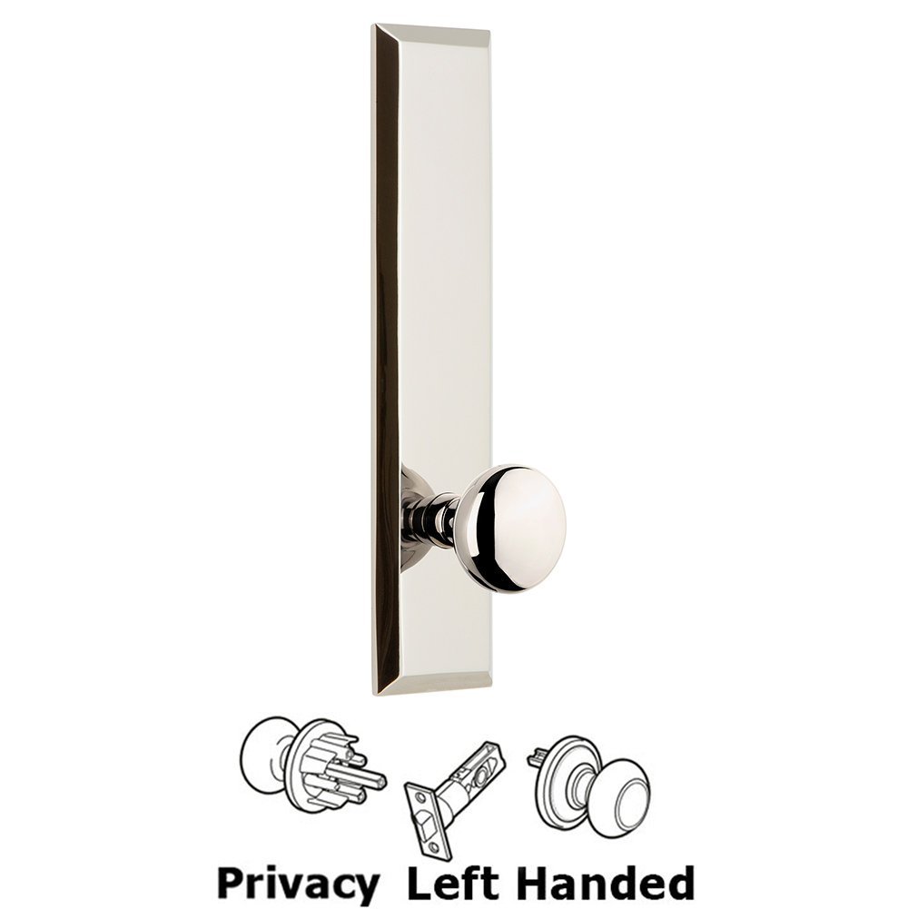Privacy Fifth Avenue Tall Plate with Left Handed Knob in Polished Nickel