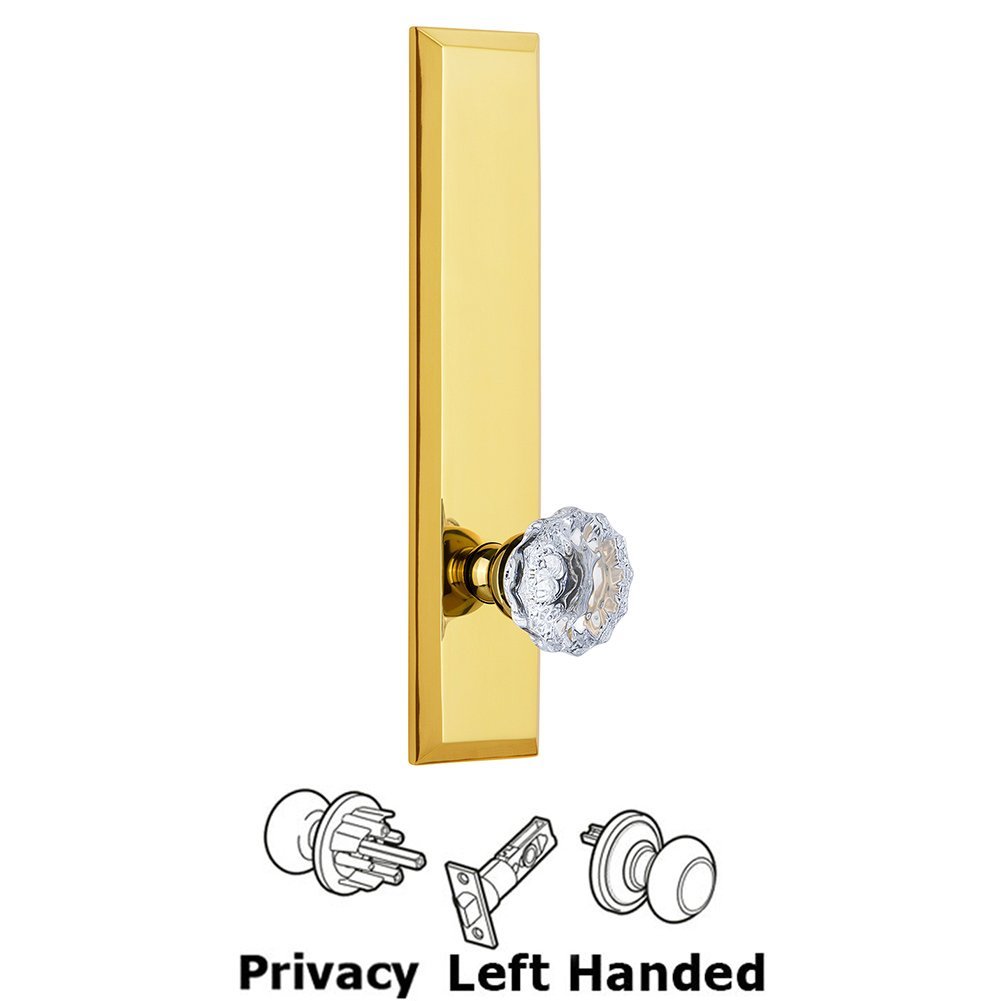Privacy Fifth Avenue Tall Plate with Fontainebleau Left Handed Knob in Lifetime Brass
