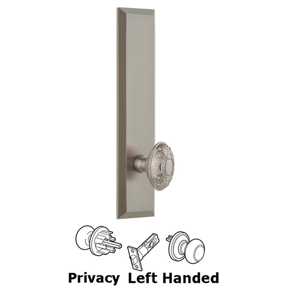 Privacy Fifth Avenue Tall Plate with Grande Victorian Left Handed Knob in Satin Nickel