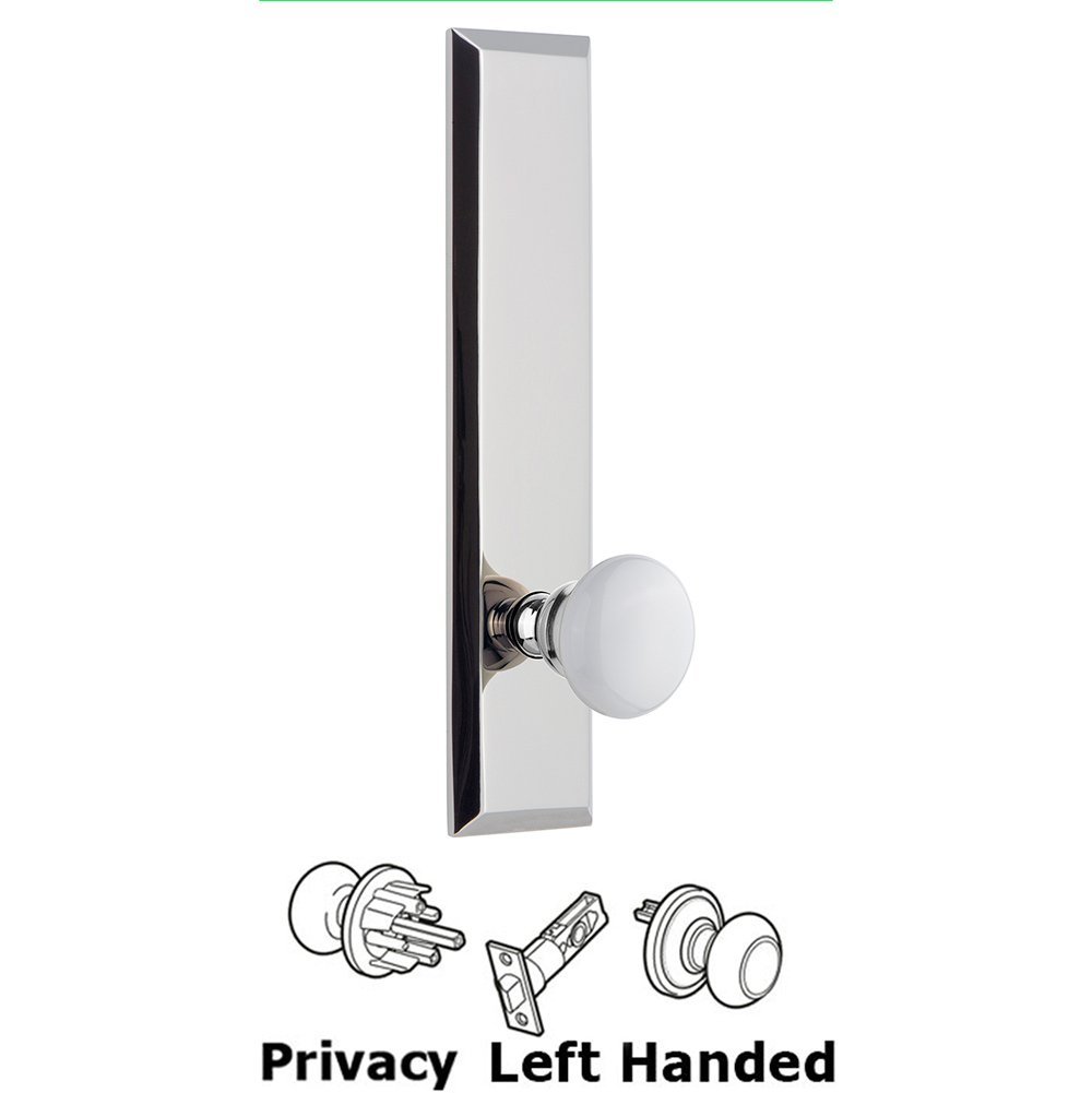 Privacy Fifth Avenue Tall Plate with Hyde Park Left Handed Knob in Bright Chrome