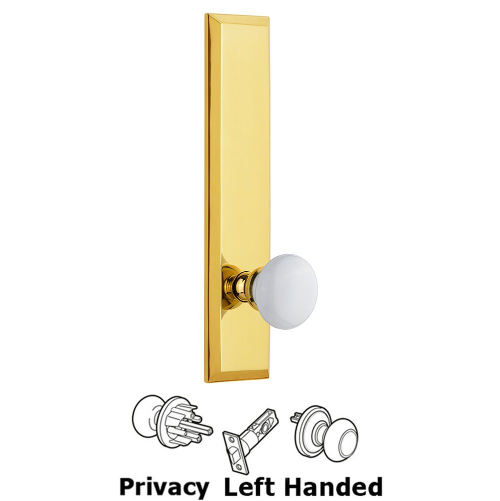 Privacy Fifth Avenue Tall Plate with Hyde Park Left Handed Knob in Polished Brass