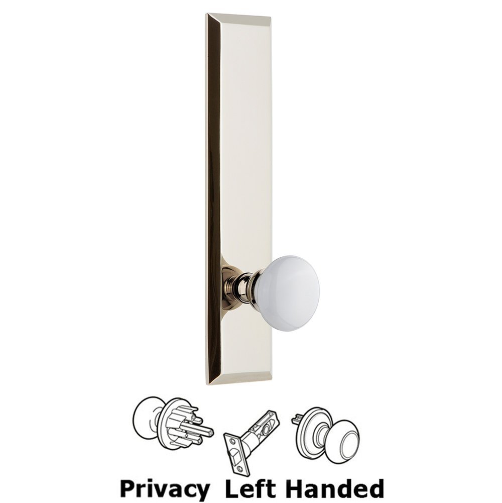 Privacy Fifth Avenue Tall Plate with Hyde Park Left Handed Knob in Polished Nickel