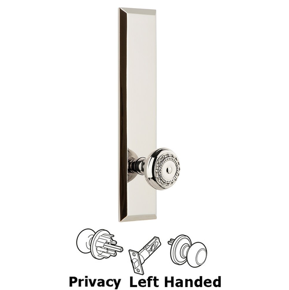 Privacy Fifth Avenue Tall Plate with Parthenon Left Handed Knob in Polished Nickel