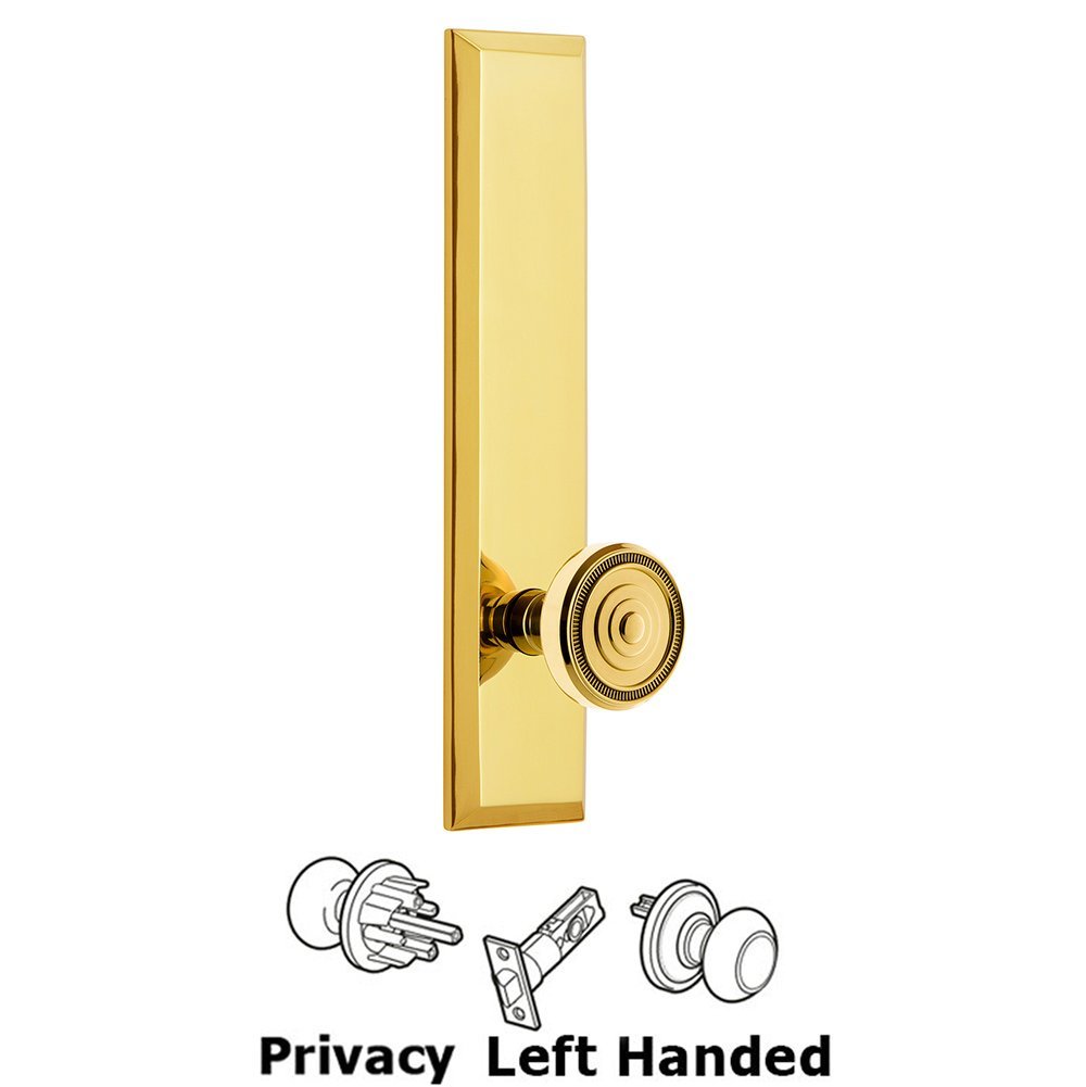 Privacy Fifth Avenue Tall Plate with Soleil Left Handed Knob in Lifetime Brass