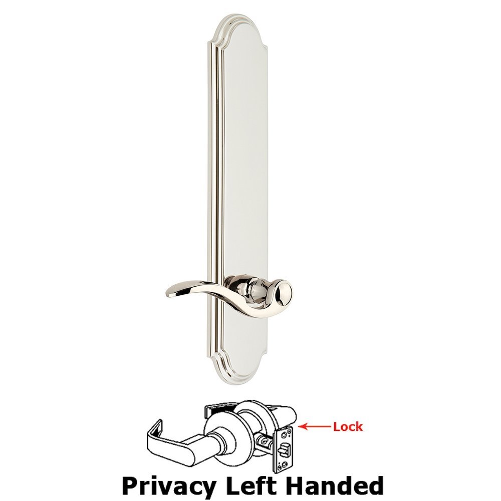 Tall Plate Privacy with Bellagio Left Handed Lever in Polished Nickel