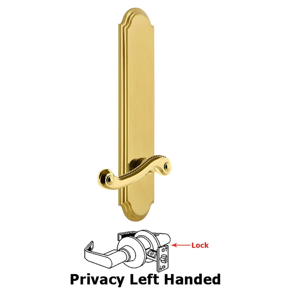 Tall Plate Privacy with Newport Left Handed Lever in Lifetime Brass