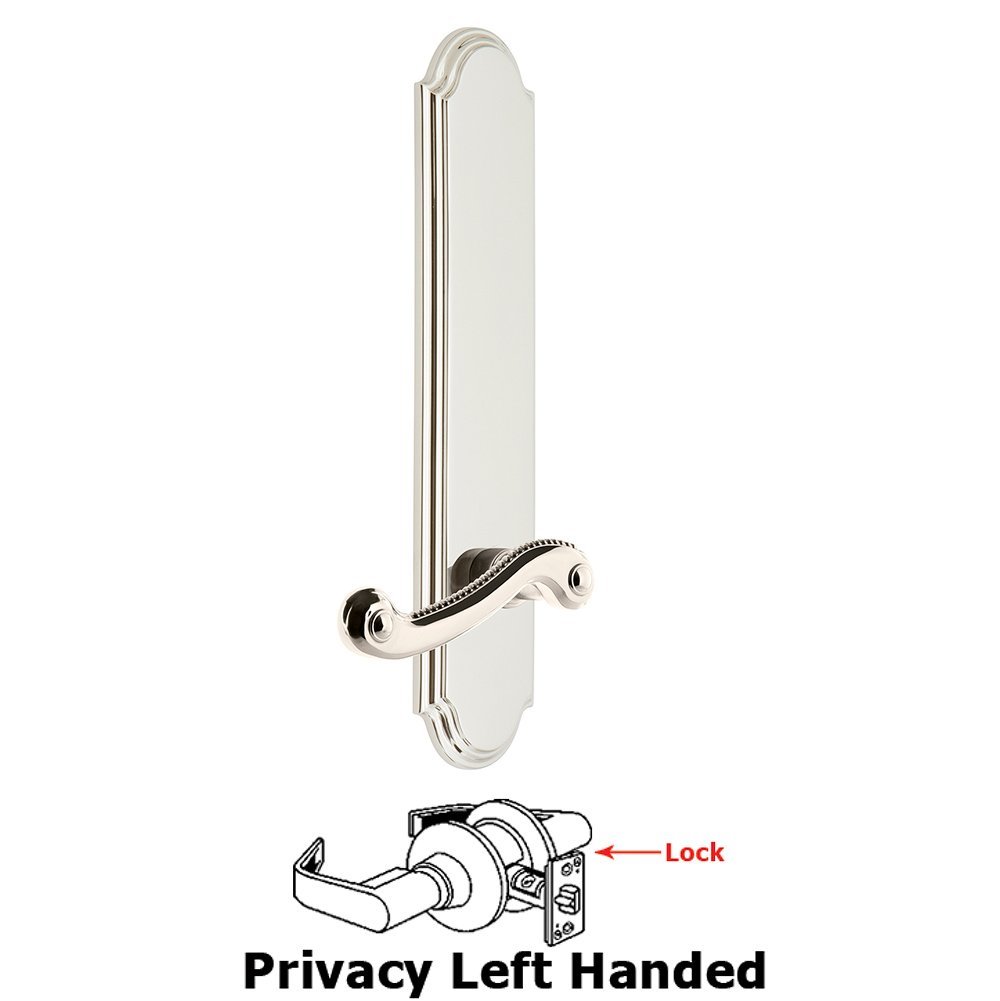 Tall Plate Privacy with Newport Left Handed Lever in Polished Nickel
