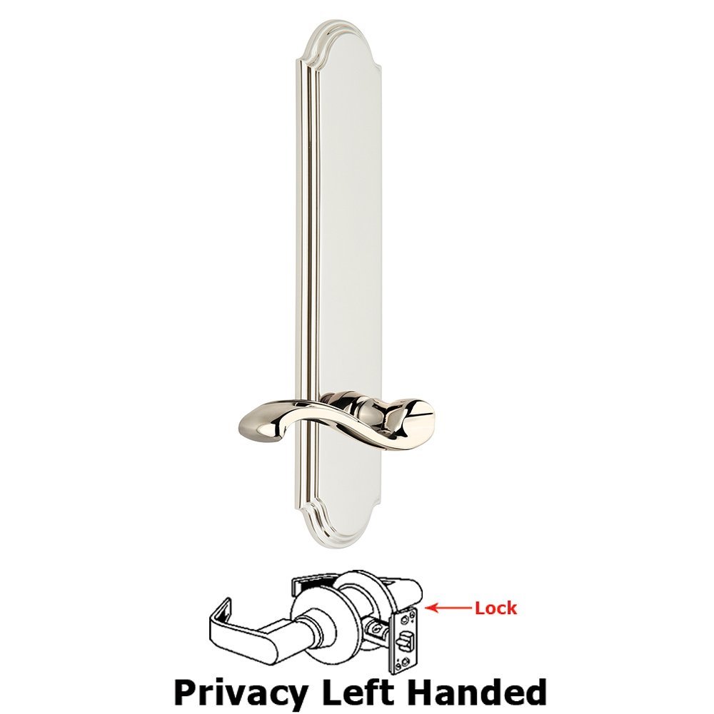 Tall Plate Privacy with Portofino Left Handed Lever in Polished Nickel