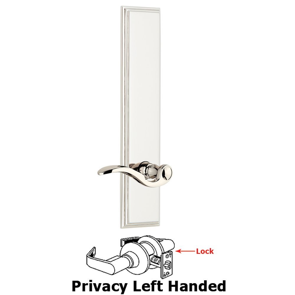 Privacy Carre Tall Plate with Bellagio Left Handed Lever in Polished Nickel