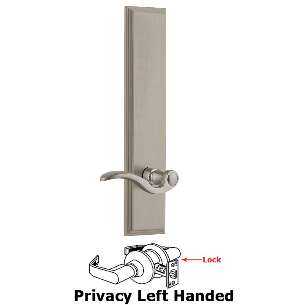 Privacy Carre Tall Plate with Bellagio Left Handed Lever in Satin Nickel
