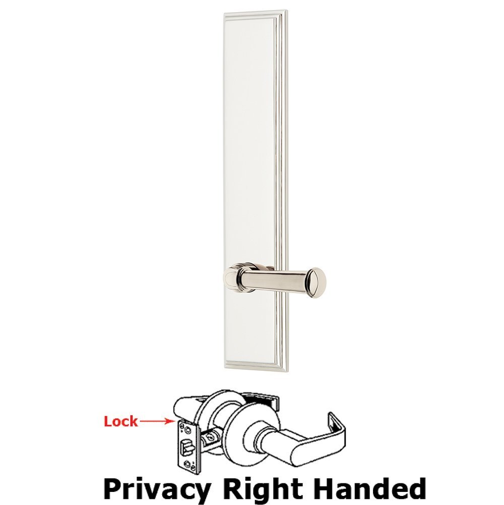 Privacy Carre Tall Plate with Georgetown Right Handed Lever in Polished Nickel
