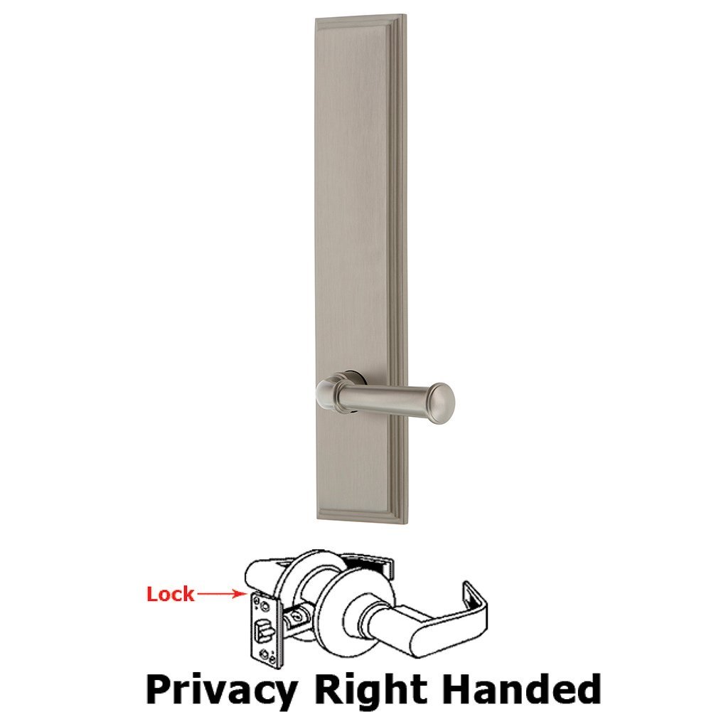 Privacy Carre Tall Plate with Georgetown Right Handed Lever in Satin Nickel