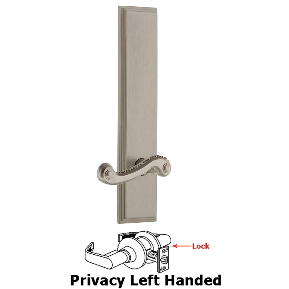 Privacy Carre Tall Plate with Newport Left Handed Lever in Satin Nickel