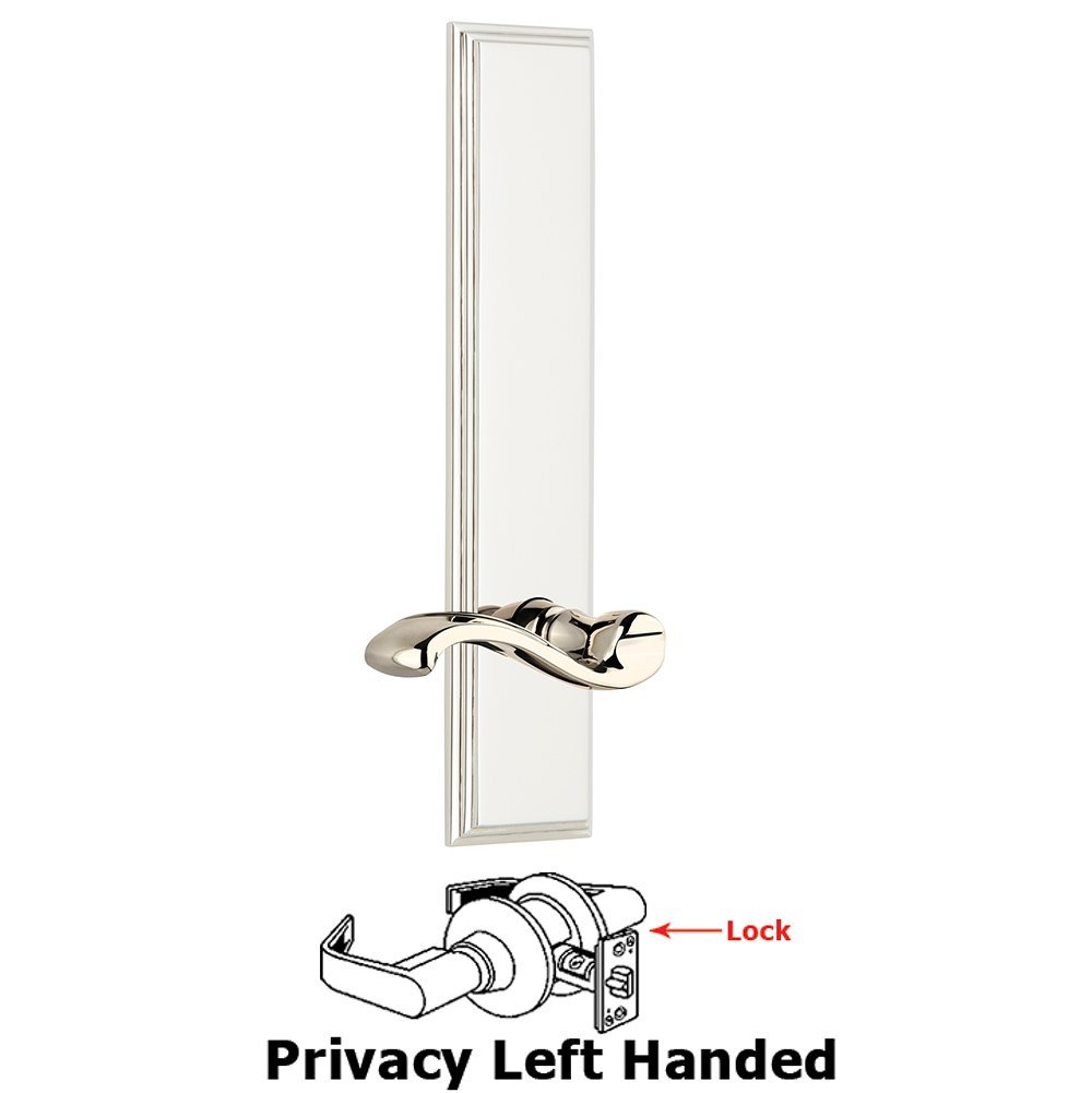 Privacy Carre Tall Plate with Portofino Left Handed Lever in Polished Nickel