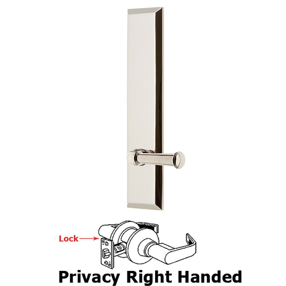 Privacy Fifth Avenue Tall Plate with Georgetown Right Handed Lever in Polished Nickel