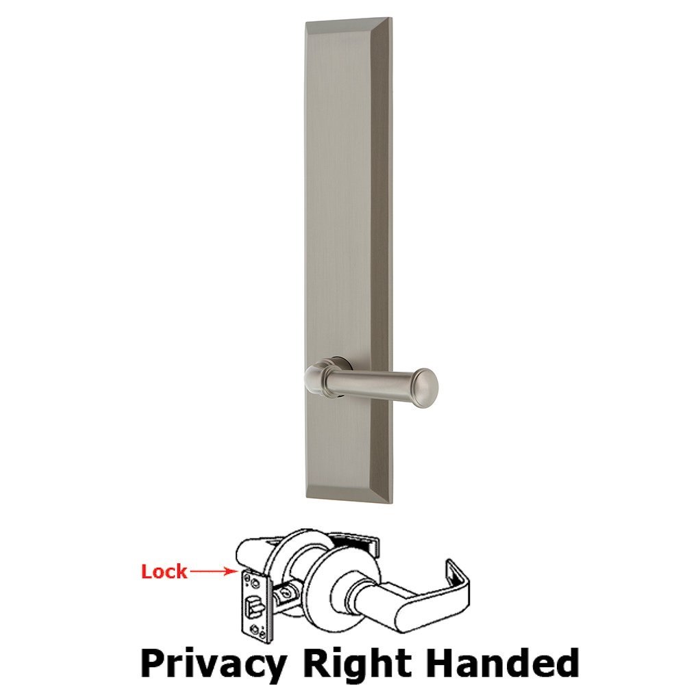 Privacy Fifth Avenue Tall Plate with Georgetown Right Handed Lever in Satin Nickel