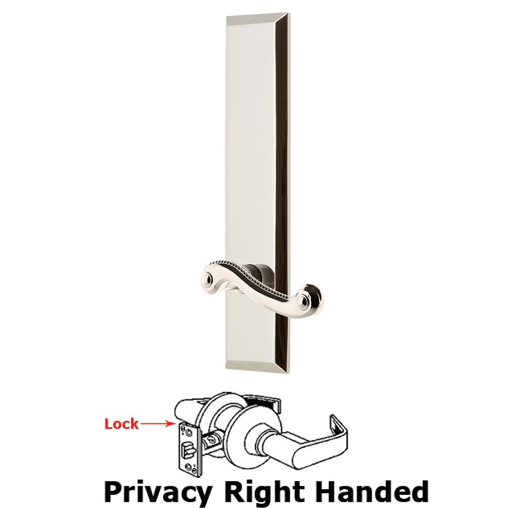 Privacy Fifth Avenue Tall Plate with Newport Right Handed Lever in Polished Nickel
