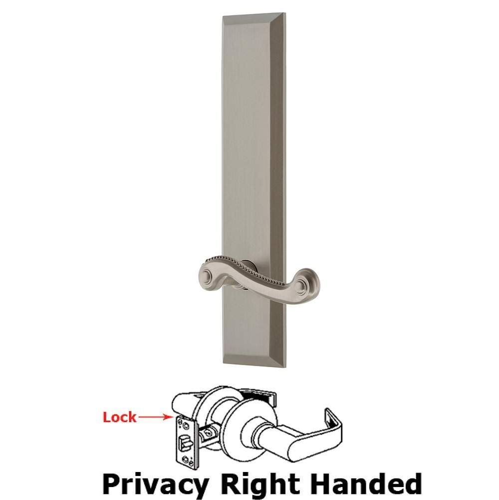 Privacy Fifth Avenue Tall Plate with Newport Right Handed Lever in Satin Nickel