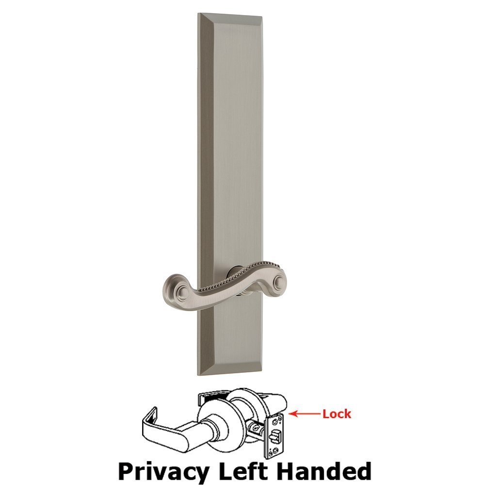 Privacy Fifth Avenue Tall Plate with Newport Left Handed Lever in Satin Nickel