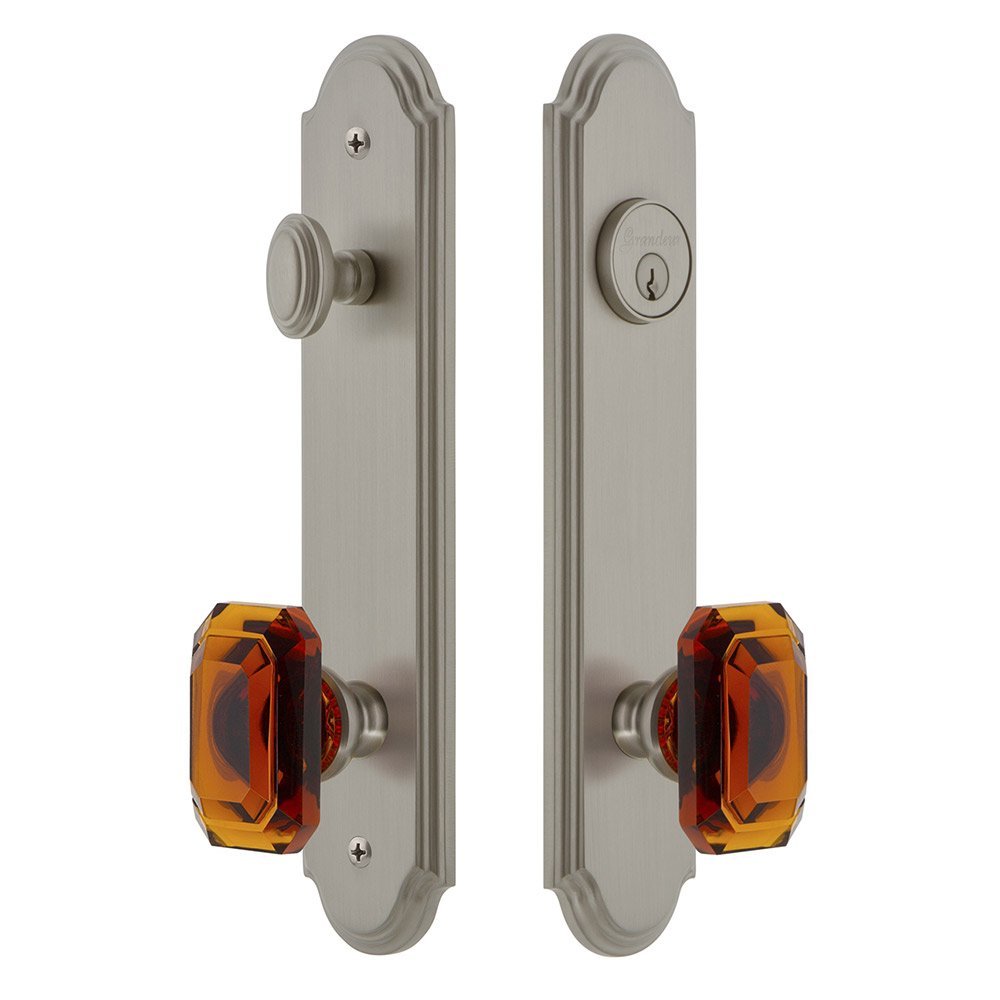 Arc Tall Plate Handleset with Baguette Amber Knob in Satin Nickel