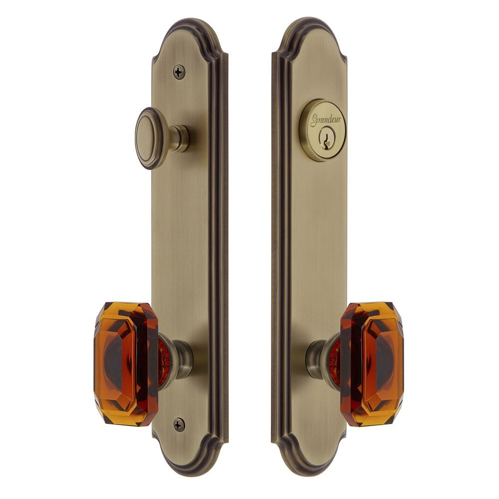 Arc Tall Plate Handleset with Baguette Amber Knob in Vintage Brass