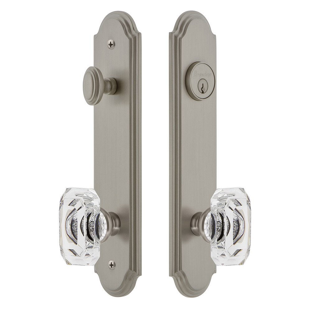 Arc Tall Plate Handleset with Baguette Clear Crystal Knob in Satin Nickel