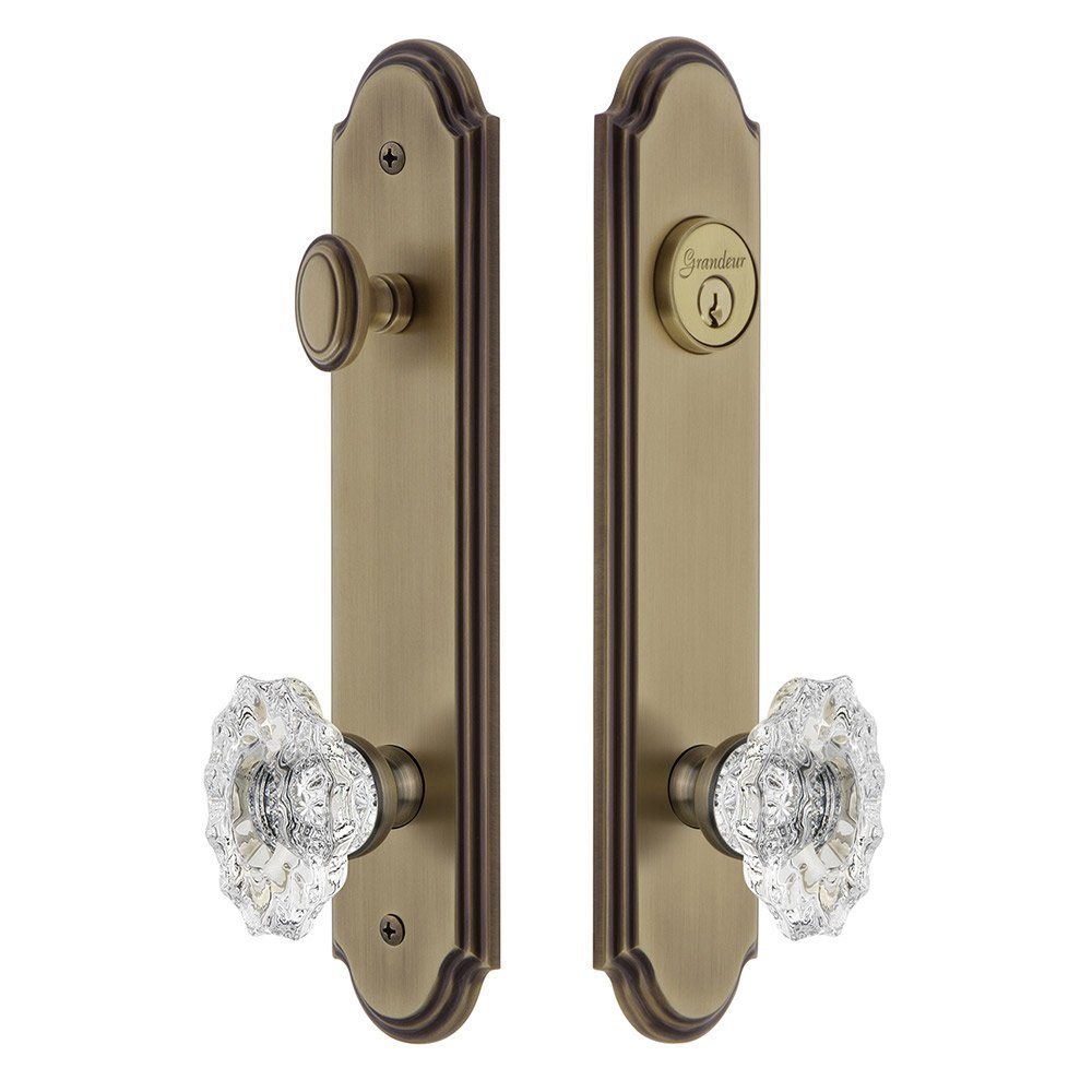 Arc Tall Plate Handleset with Biarritz Knob in Vintage Brass