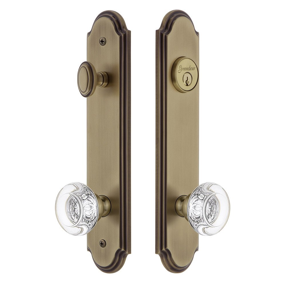 Arc Tall Plate Handleset with Bordeaux Knob in Vintage Brass