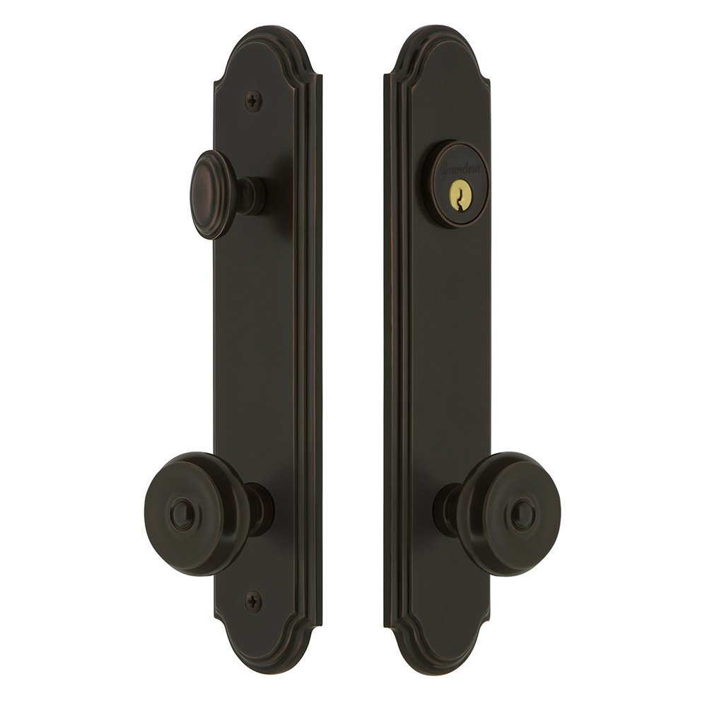 Arc Tall Plate Handleset with Bouton Knob in Timeless Bronze