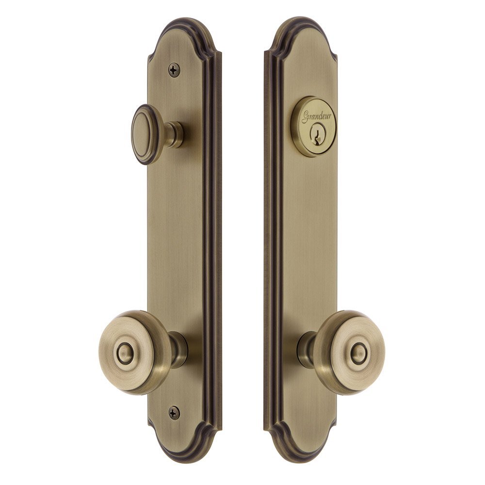 Arc Tall Plate Handleset with Bouton Knob in Vintage Brass