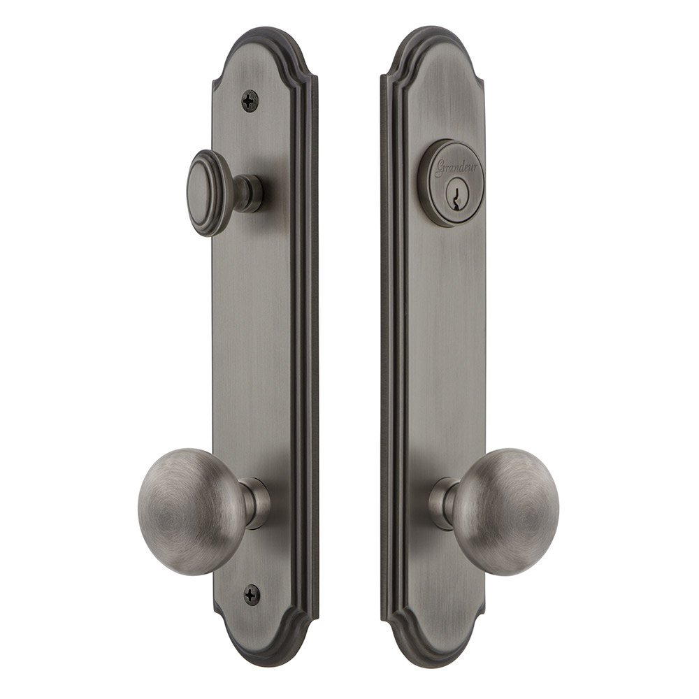 Arc Tall Plate Handleset with Fifth Avenue Knob in Antique Pewter