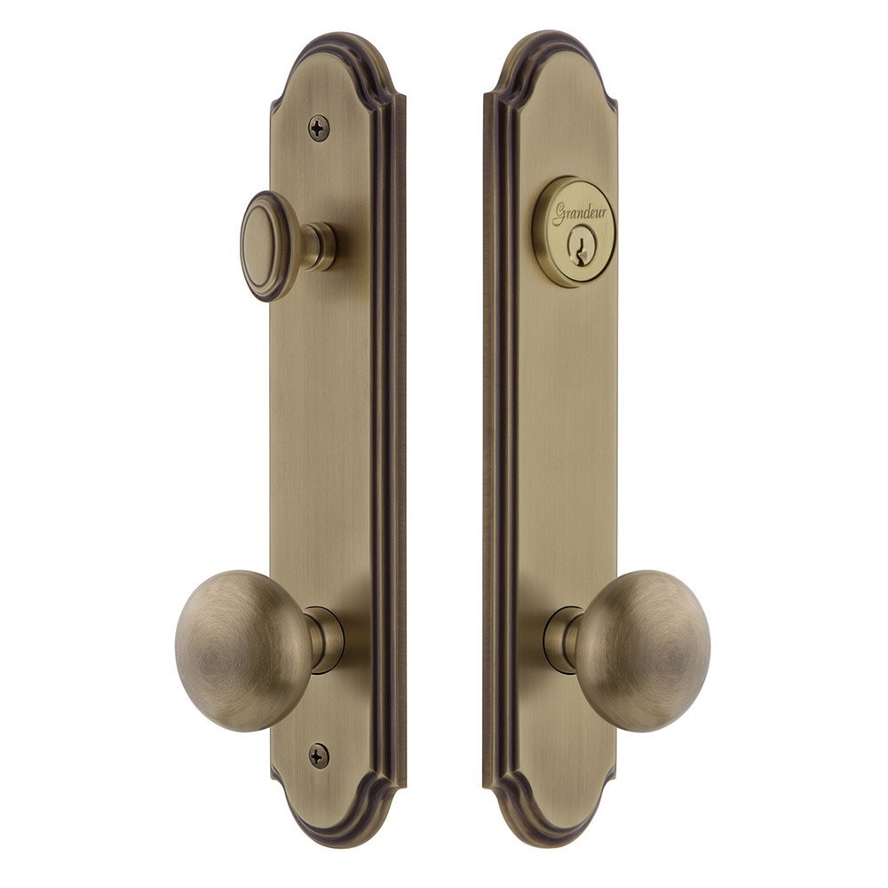 Arc Tall Plate Handleset with Fifth Avenue Knob in Vintage Brass